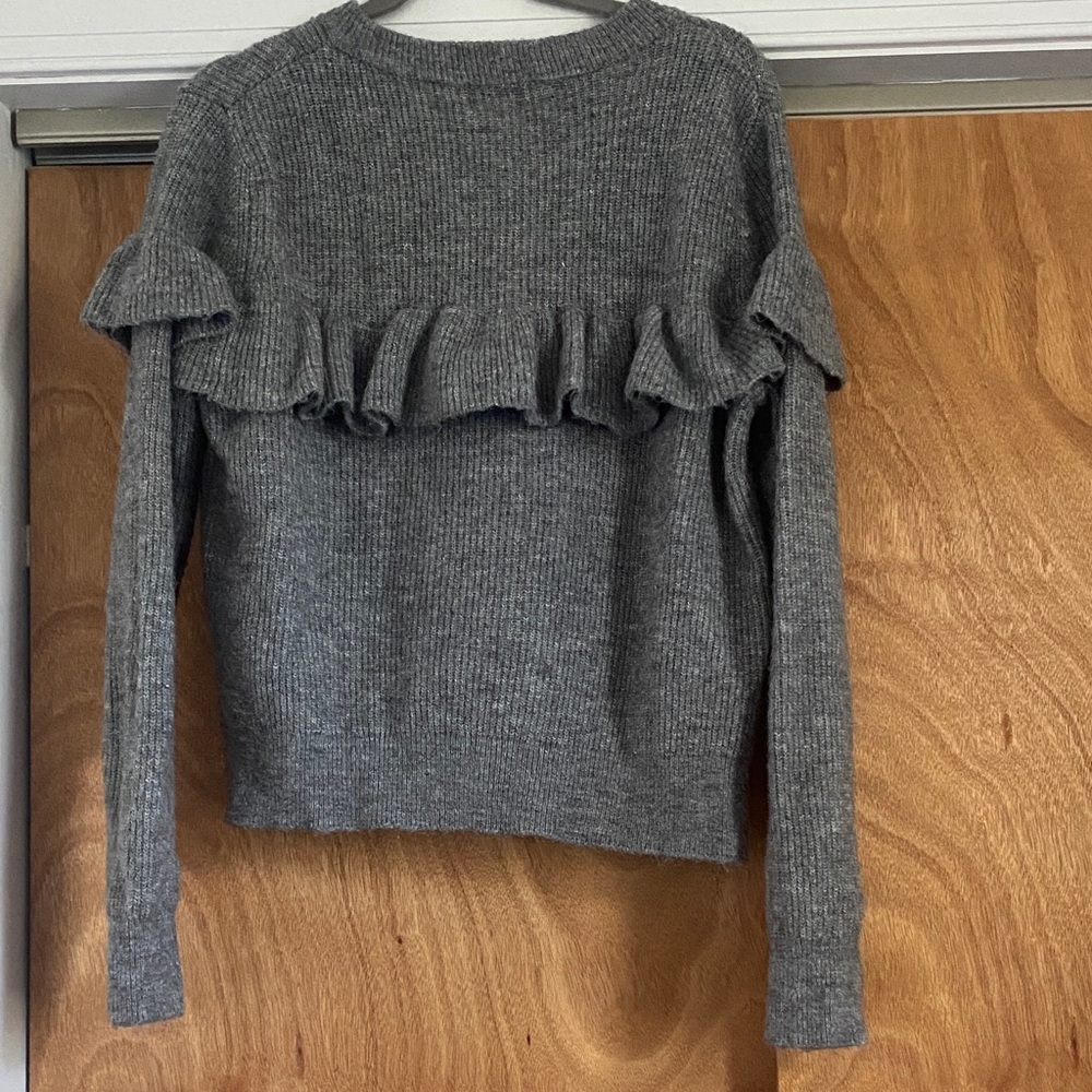 H&M Gray Marled Ruffle Cardigan Ribbed Button Front Soft Cozy S - Picture 3 of 9